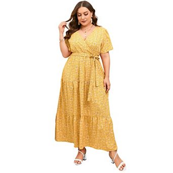 Plus Size Floral Maxi Dress - Wrap V-Neck Tiered Dress with Belt