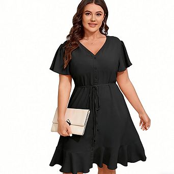 Women's Plus Size V-Neck Short Sleeve Dress, Loose Casual Shirt Dress with Waist Tie