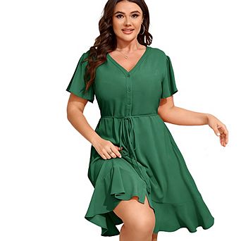 Women's Plus Size V-Neck Short Sleeve Dress, Loose Casual Shirt Dress with Waist Tie