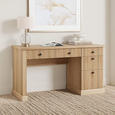 54'' Fluted Home Office Desk with Storage, Modern Executive Desk with Charging Station