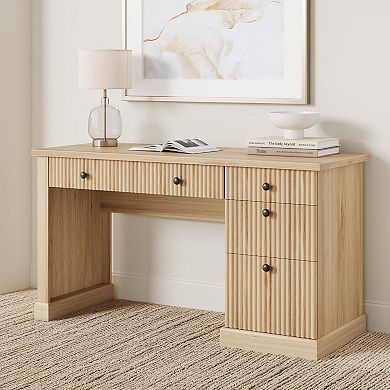 54'' Fluted Home Office Desk with Storage, Modern Executive Desk with Charging Station