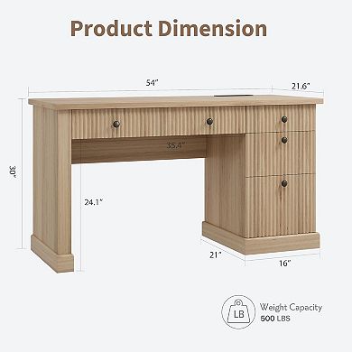 54'' Fluted Home Office Desk with Storage, Modern Executive Desk with Charging Station