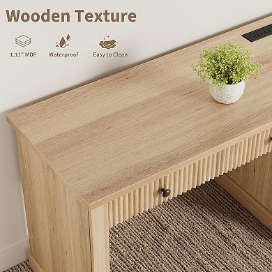 54'' Fluted Home Office Desk with Storage, Modern Executive Desk with Charging Station