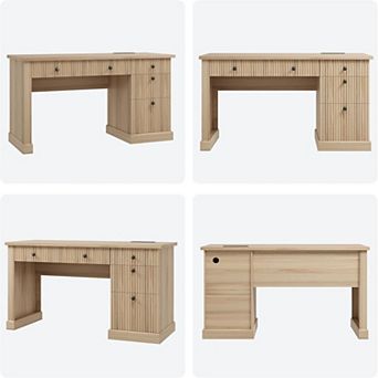 54'' Fluted Home Office Desk with Storage, Modern Executive Desk with Charging Station