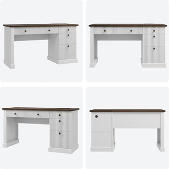 54'' Fluted Home Office Desk with Storage, Modern Executive Desk with Charging Station