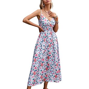 Women's Summer Dopamine Print Spaghetti Strap Dress Classic V-Neck Elastic Waist Boho Midi Dress