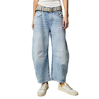 Womens Stretchy Mid Rise Barrel Jeans Vintage Loose Wide Leg Cropped Denim Baggy Pants