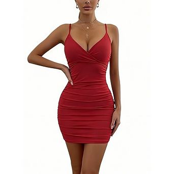 Women's Y2k Ruch Bodycon Dress Wrap V Neck Slim Fit Spaghetti Straps Mini Party Date Summer Dress