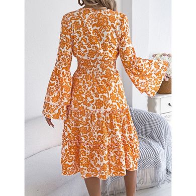 Women's Floral Flared Long Sleeve Dress Smocked Ruffle Flowy Boho A Line Midi Dresses