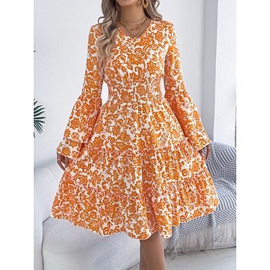 Women's Floral Flared Long Sleeve Dress Smocked Ruffle Flowy Boho A Line Midi Dresses