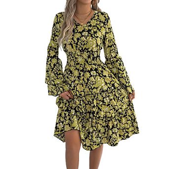 Women's Floral Flared Long Sleeve Dress Smocked Ruffle Flowy Boho A Line Midi Dresses