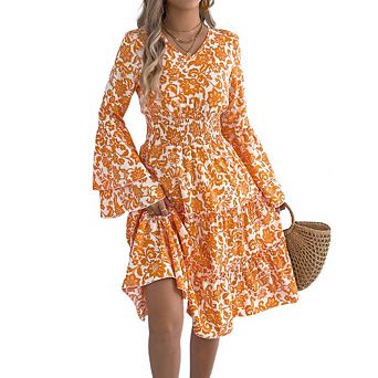 Women's Floral Flared Long Sleeve Dress Smocked Ruffle Flowy Boho A Line Midi Dresses