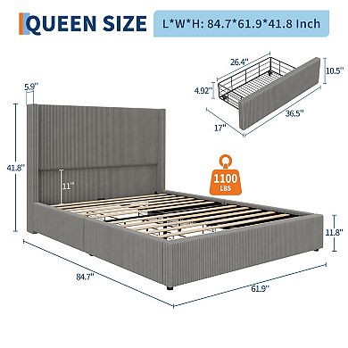 Corduroy Bed Frame with 4 Storage Drawers Upholstered Platform Bed with Headboard, Noise Free