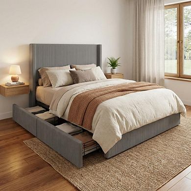 Corduroy Bed Frame with 4 Storage Drawers Upholstered Platform Bed with Headboard, Noise Free
