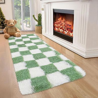 Modern Checkered Runner Rug,Ultra-Soft,Non Slip,High Pile Non-Shedding