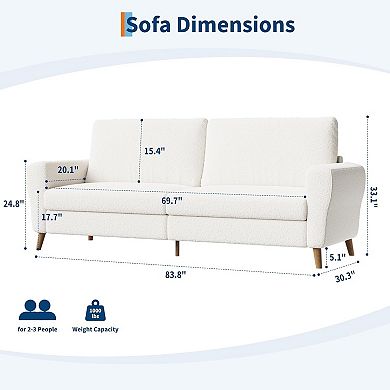 84 Inch Modern Sofa Couch, Large 3-Seater Sofa with Streamlined Armrests, Boucle Loveseat Wood Feet