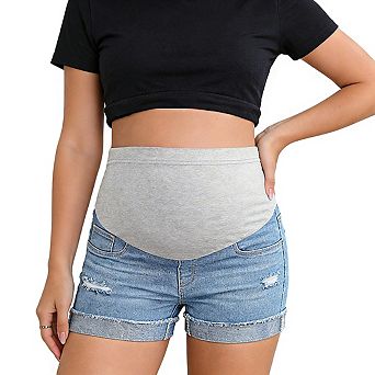 Maternity Denim Shorts with Over Belly Waistband Distressed Details and Rolled Cuffs