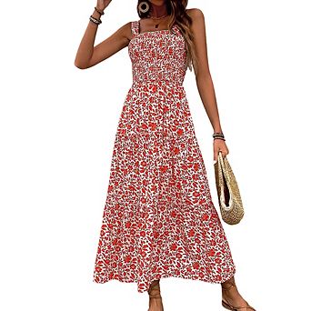 Women's Fresh Floral Print Cami Dress Sleeveless Elastic Waist Versatile Casual Midi Dress