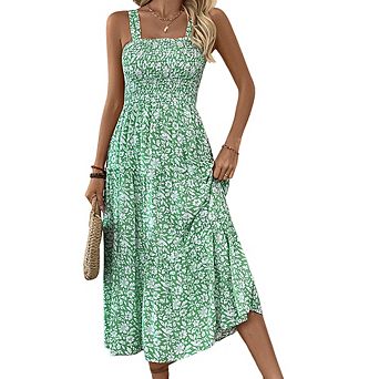 Women's Fresh Floral Print Cami Dress Sleeveless Elastic Waist Versatile Casual Midi Dress