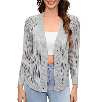 Women's V Neck Cardigan Long Sleeve Lightweight Crochet Hollowed-Out Knit Sweater Tops With Button
