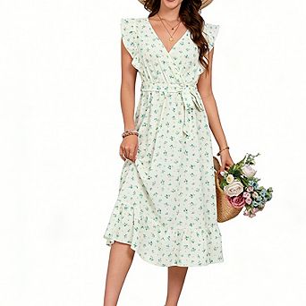 Women's Summer Cross V-Neck Flutter Sleeve Dress Ruffle Waist Tie Dress Fresh Floral Midi Dress