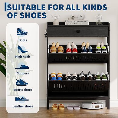 Shoe Cabinet, Shoes Organizer with Top Drawer, Hollow Out Pane, Adjustable Shoe Rack for Entryway