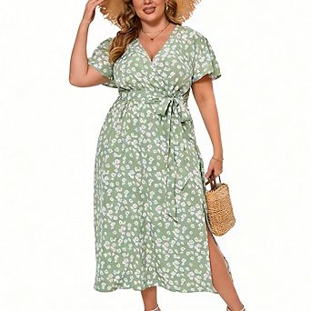 Women's Plus Size Summer V-Neck Floral Dress Waist-Tie Split Dress Casual Loose Short-Sleeve Dress