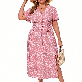 Women's Plus Size Summer V-Neck Floral Dress Waist-Tie Split Dress Casual Loose Short-Sleeve Dress