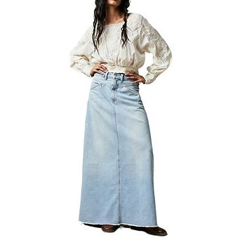 Women's Denim Maxi Skirt Y2K High Waist Frayed Hem A-Line Silhouette with Pockets for Casual Wear