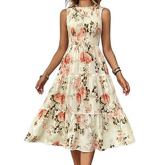 Women Fresh Floral Print Sleeveless Dress Classic Crew Neck Shirred High-Waisted Ruffled Midi Dress