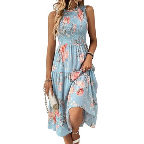 Женские платья Women Fresh Floral Print Sleeveless Dress Classic Crew Neck Shirred High-Waisted Ruffled Midi Dress
