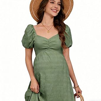 Maternity Summer V-Neck Puff Sleeve Dress Fashion Backless Bow Tie Dress Casual Loose Midi Dress