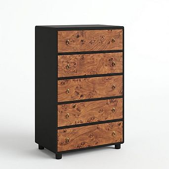 Modern 46" Tall 5-Drawer Dresser, Vertical Wood Chest with Curved Design & Vintage Round Handles