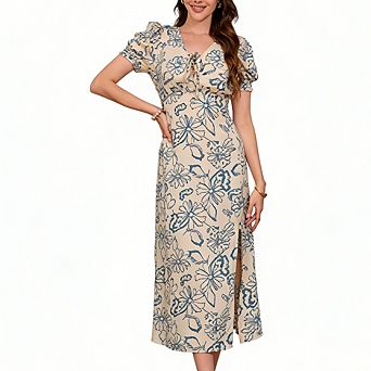 Women's Summer V-Neck Puff Sleeve Smocked Slit Maxi Dress Waist Printed Long Dress Neck Tie Dress