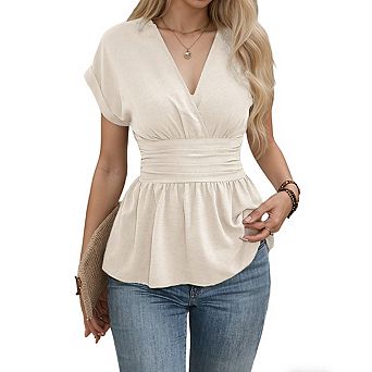 Women's Wrap Smocked Back Short Sleeve Lightweight Peplum Elegant Blouse