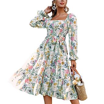 Women's Classic Square Neck Flared Long Sleeve Fashion Printed Waist Tied Midi Dress