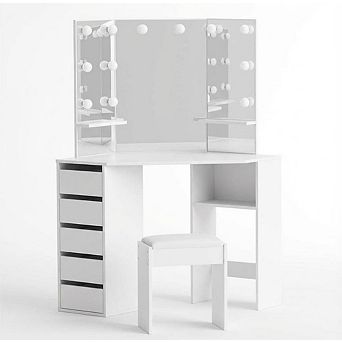 Corner Vanity Desk with Mirror, Makeup Table Set with Mirror, Cushioned Stool, 5 Drawers, White