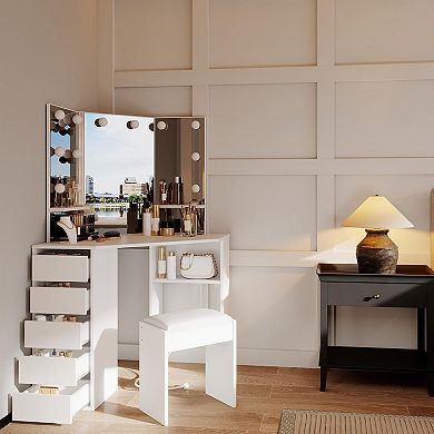 Corner Vanity Desk with Mirror, Makeup Table Set with Mirror, Cushioned Stool, 5 Drawers, White