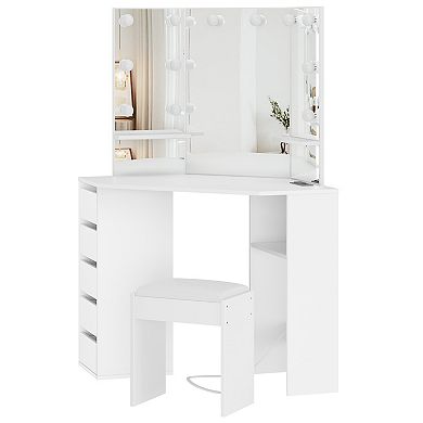 Corner Vanity Desk with Mirror, Makeup Table Set with Mirror, Cushioned Stool, 5 Drawers, White