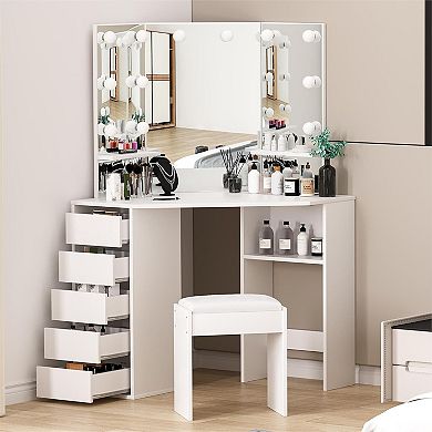 Corner Vanity Desk with Mirror, Makeup Table Set with Mirror, Cushioned Stool, 5 Drawers, White