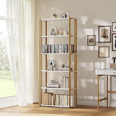 71" Tall Book Shelf, Metal Frame 6-Tier Modern Industrial Bookshelf, Freestanding Open Bookcase