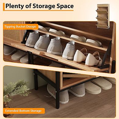 Natural Rattan Shoe Cabinet with 3 Flip Doors, Adjustable Shelf & Drawer Entryway Organizer