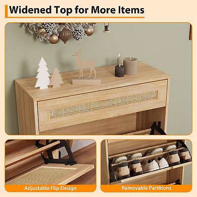 Natural Rattan Shoe Cabinet with 3 Flip Doors, Adjustable Shelf & Drawer Entryway Organizer