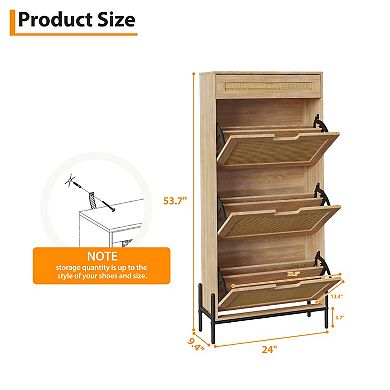 Natural Rattan Shoe Cabinet with 3 Flip Doors, Adjustable Shelf & Drawer Entryway Organizer