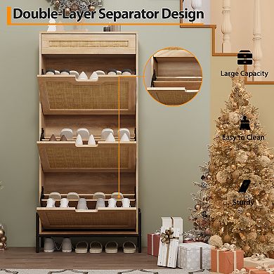 Natural Rattan Shoe Cabinet with 3 Flip Doors, Adjustable Shelf & Drawer Entryway Organizer