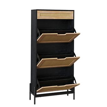 Natural Rattan Shoe Cabinet with 3 Flip Doors, Adjustable Shelf & Drawer Entryway Organizer