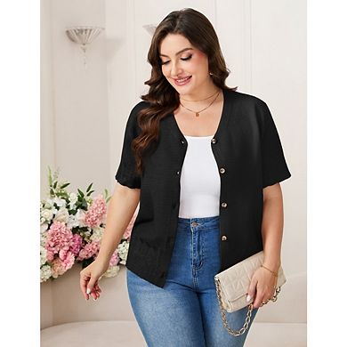 Plus Size Cardigan for Women Button Down Sheer Round Neck Short Sleeve Knitted Sweater