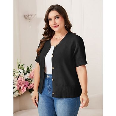 Plus Size Cardigan for Women Button Down Sheer Round Neck Short Sleeve Knitted Sweater