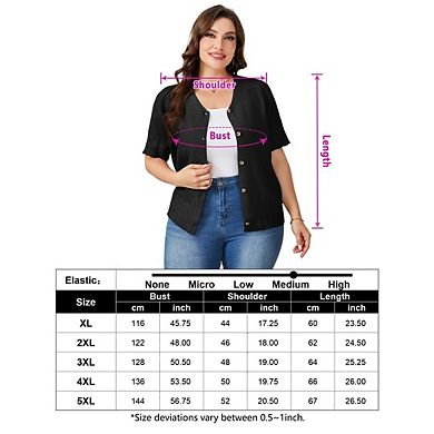Plus Size Cardigan for Women Button Down Sheer Round Neck Short Sleeve Knitted Sweater