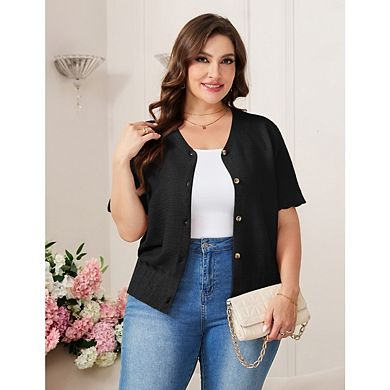 Plus Size Cardigan for Women Button Down Sheer Round Neck Short Sleeve Knitted Sweater